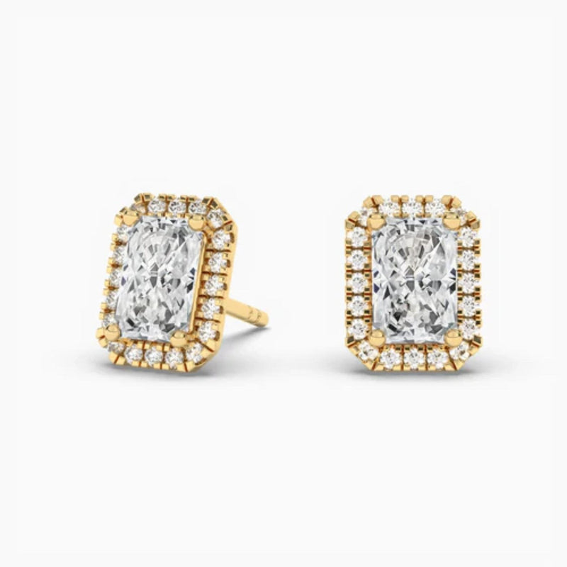 14K Natural Diamond Radiant Cut Halo Stud Earrings