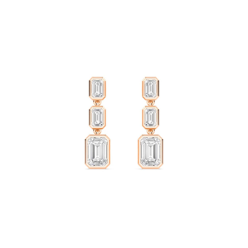 18K Solid Gold 3.15Ct Emerald Cut Natural Diamond Drop Earring 3‑Stone Vertical Bezel - Detail