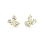 18K Solid Gold 2.06 Ct Natural Diamond Stud Earrings Floral Trio Cluster with Marquise, Oval & Emerald Cut Diamonds