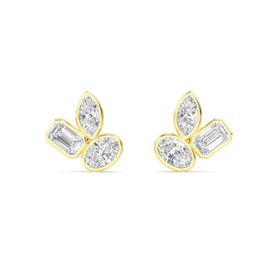 18K Solid Gold 2.06 Ct Natural Diamond Stud Earrings Floral Trio Cluster with Marquise, Oval & Emerald Cut Diamonds