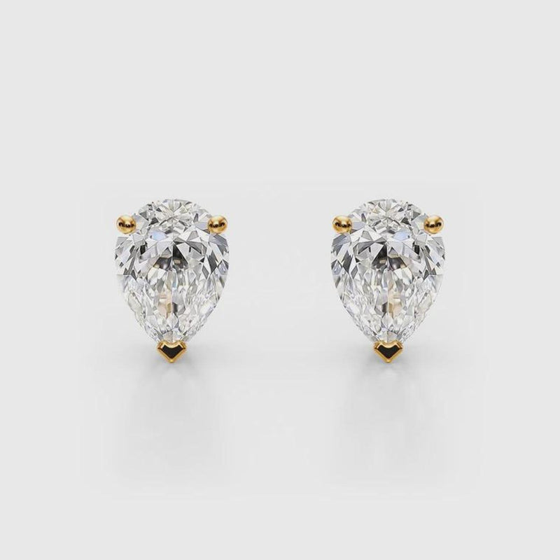 18K Solid Gold 1 CT Lab Grown Diamond Pear-Cut Stud Earrings - Close Up | Riyanika Jewels