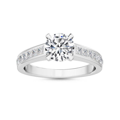 1.33ct Round Cut Natural Diamond with Princess Cut Side Stones Engagement Ring in 18K Solid Gold
