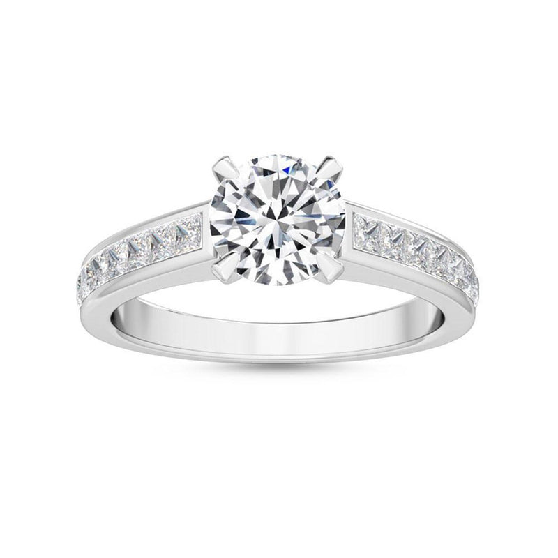 1.33ct Round Cut Natural Diamond with Princess Cut Side Stones Engagement Ring in 18K Solid Gold
