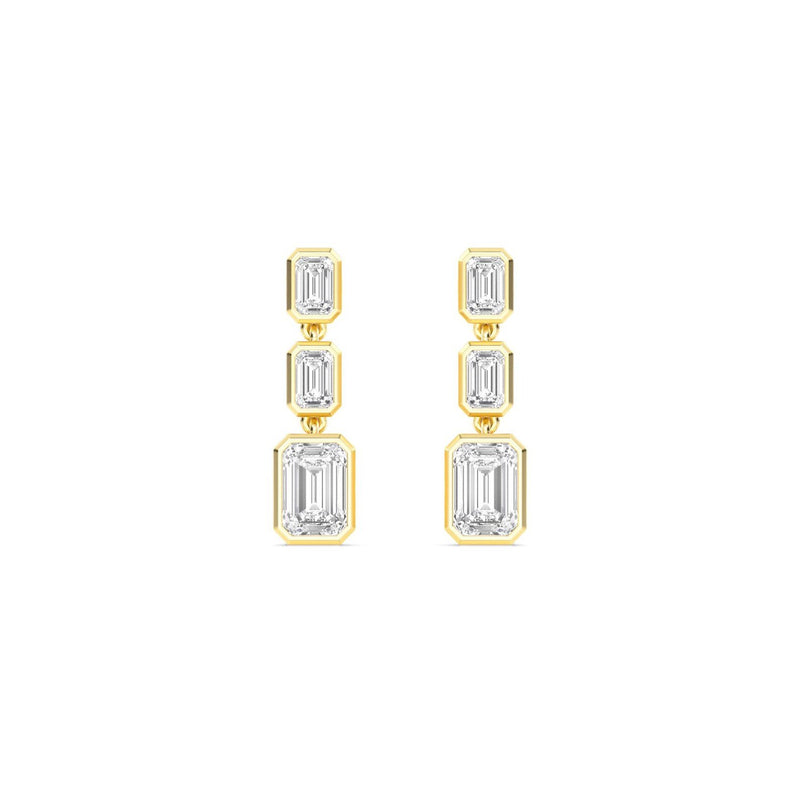 18K Solid Gold 3.15Ct Emerald Cut Natural Diamond Drop Earring 3‑Stone Vertical Bezel