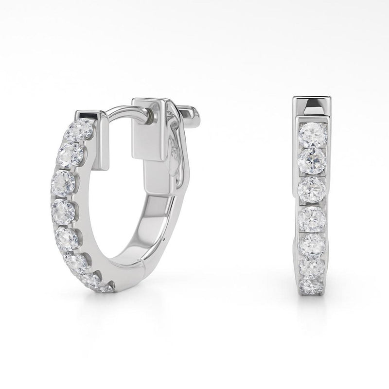 18K Solid Gold Lab Grown Diamond Huggie Earrings – Shared Prong Setting - View 7 | Riyanika Jewels