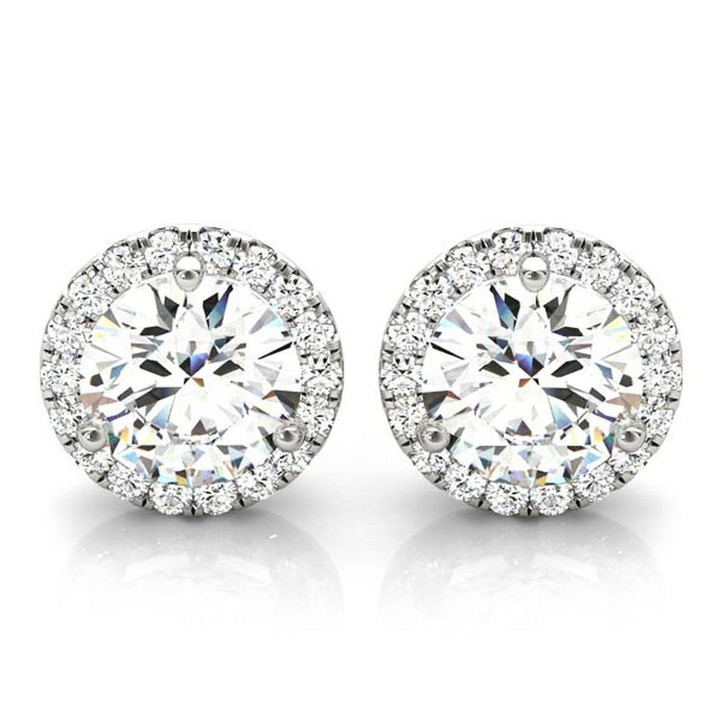 18K Solid Gold Lab Grown Diamond Round Halo Stud Earrings - Close Up | Riyanika Jewels