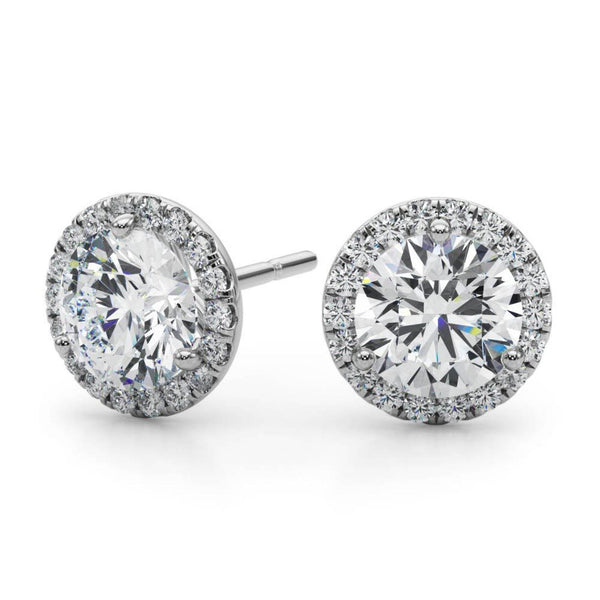 18K Solid Gold Natural Diamond Round Halo Stud Earrings - Side View | Riyanika Jewels