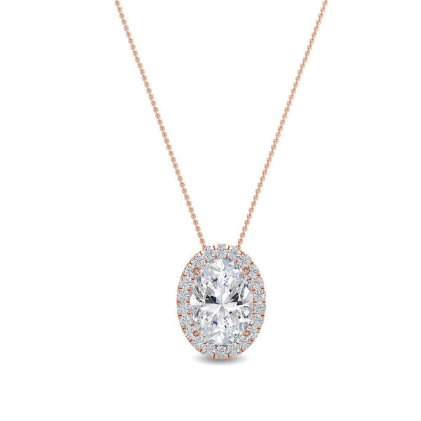 18K Solid Gold 1.00 Ct Oval Natural Diamond Halo Pendant Necklace - Side View | Riyanika Jewels