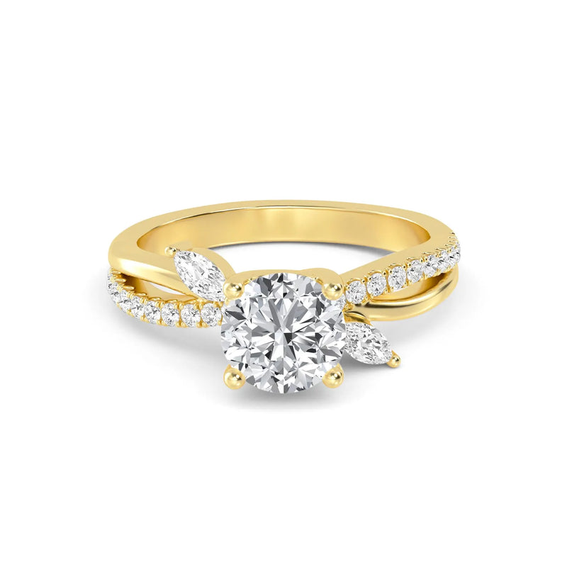 18K Solid Gold 1.34 Ct Round Cut Natural Diamond Engagement Ring with Marquise Pavé Accents - Close Up | Riyanika Jewels