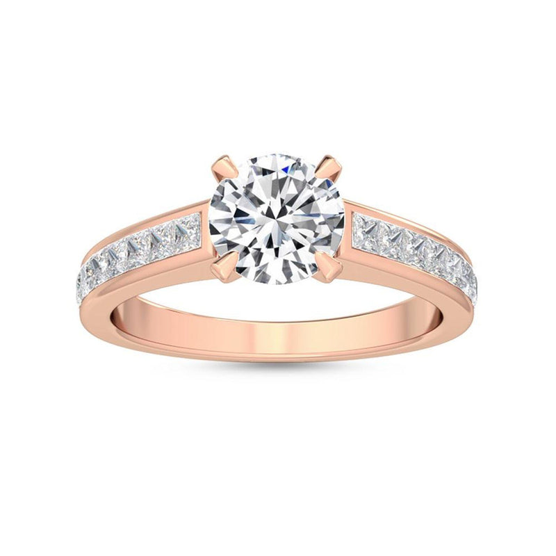 1.33ct Round Cut Natural Diamond with Princess Cut Side Stones Engagement Ring in 18K Solid Gold - Close Up | Riyanika Jewels