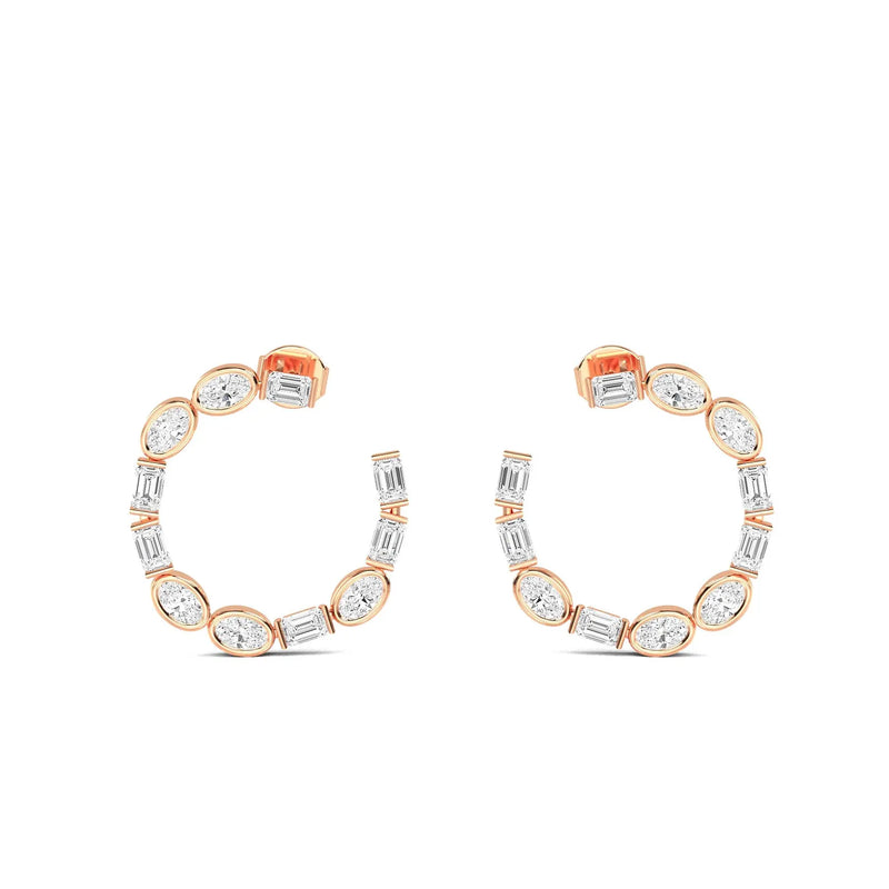 18K Solid Gold 2.25Ct Oval & Baguette Natural Diamond Hoop Earrings - Detail | Riyanika Jewels