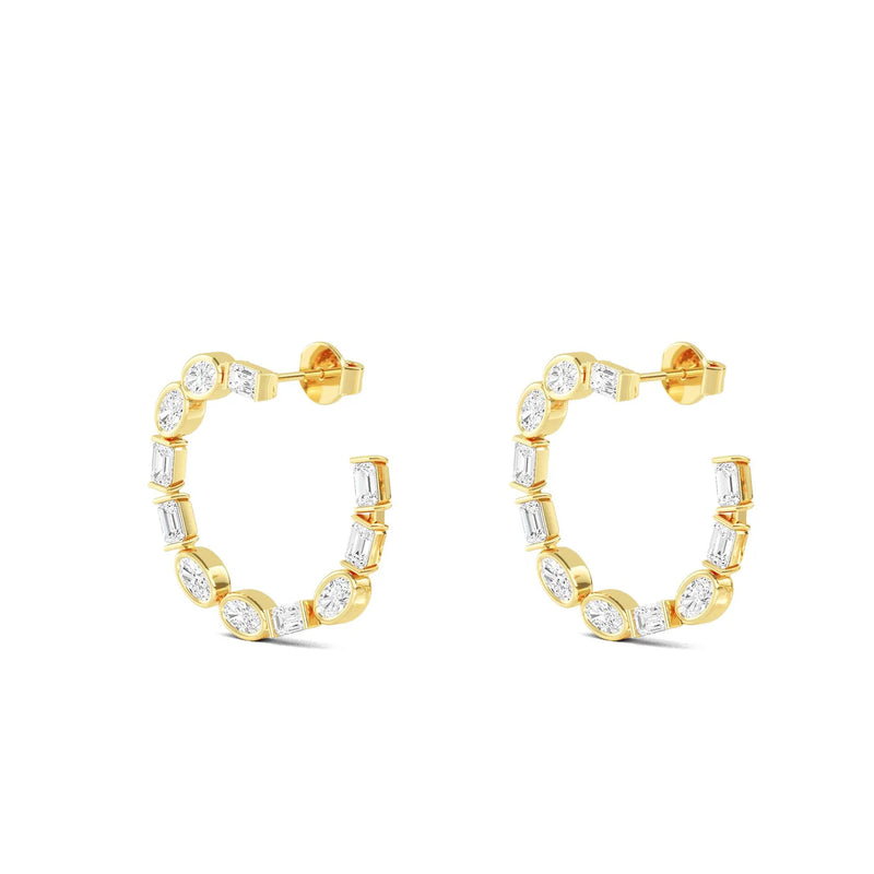 18K Solid Gold 2.25Ct Oval & Baguette Natural Diamond Hoop Earrings - Close Up | Riyanika Jewels