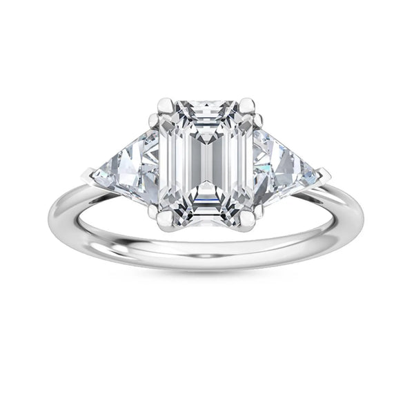 2.75ct Emerald Cut with Trillion Cut Side Stones Natural Diamond Engagement Ring in 18K Solid Gold