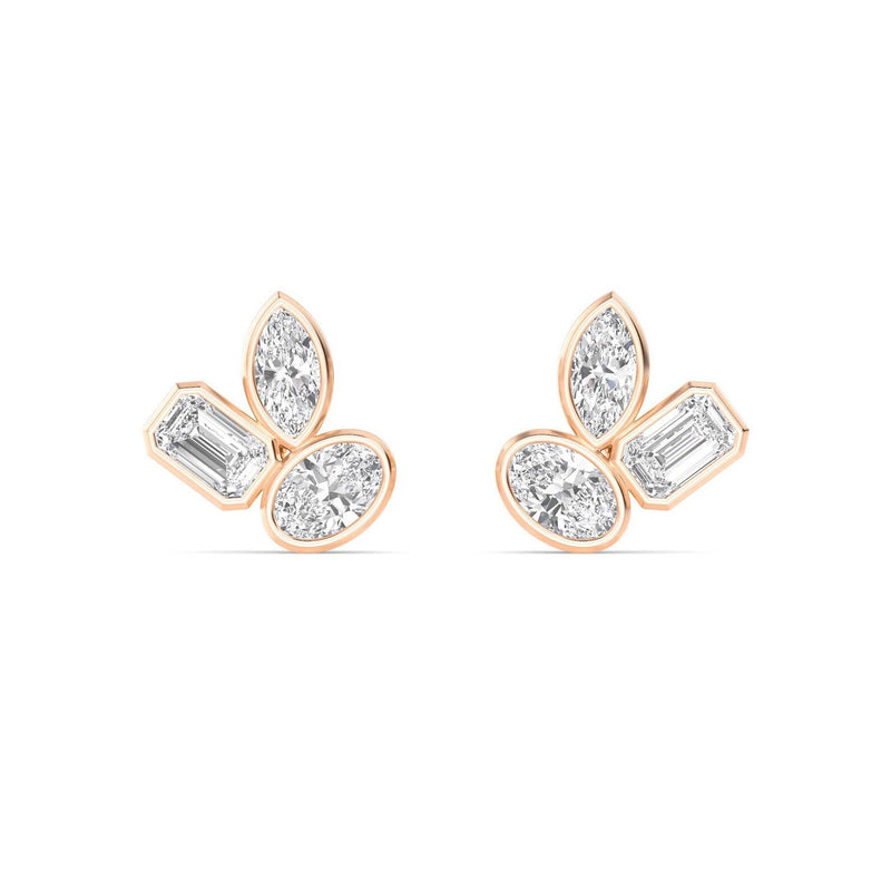 18K Solid Gold 2.06 Ct Lab Grown Diamond Stud Earrings Floral Trio Cluster with Marquise, Oval & - Detail | Riyanika Jewels