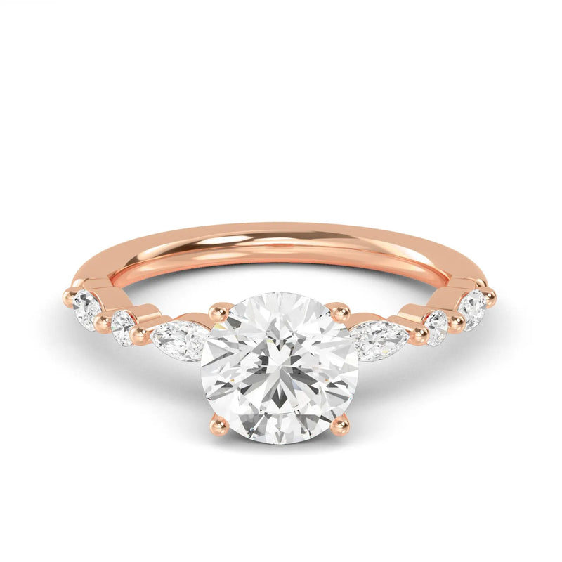 18K Solid Gold 1.95Ct Round Cut Natural Diamond Engagement Ring with Marquise Side Stones - Side View | Riyanika Jewels