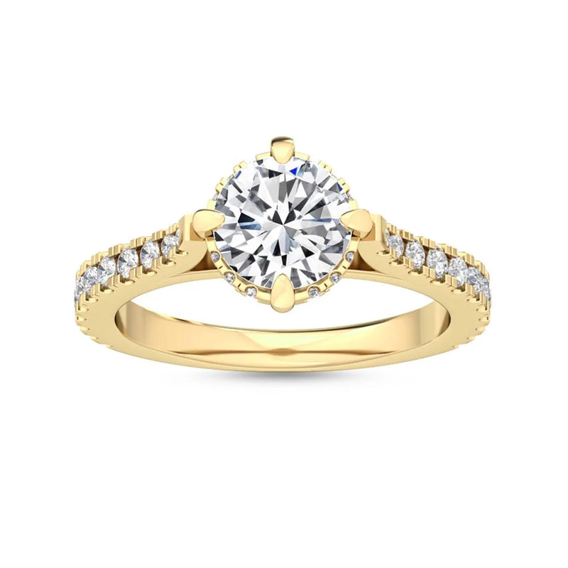 18K Solid Gold 2.87 CT Round Cut Lab Grown Diamond Solitaire with Pave Side Stones Engagement - Close Up | Riyanika Jewels