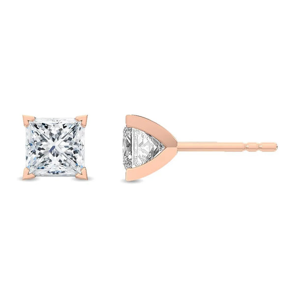 18K Solid Gold 0.50 Ct Princess Cut Natural Diamond Stud Earrings - Side View | Riyanika Jewels