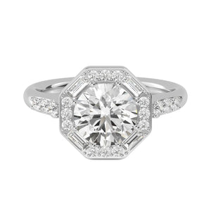 18K Solid Gold 1.96 Carat Natural Round Diamond with Baguette & Round Side Stones Engagement Ring