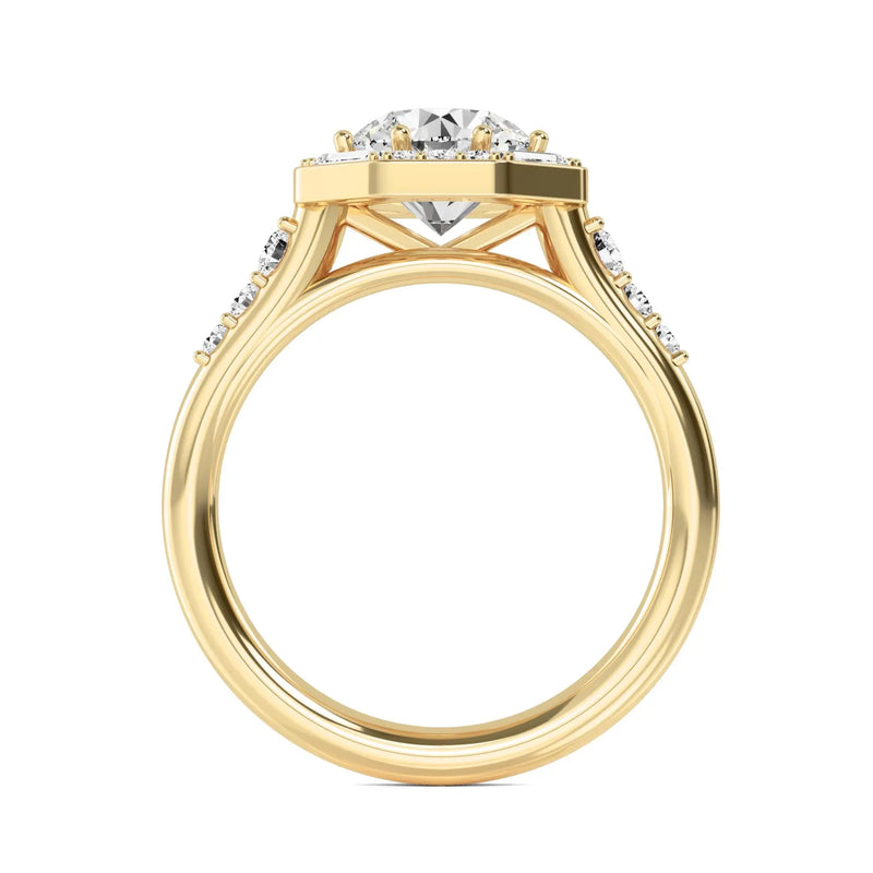 18K Solid Gold 1.96 Carat Lab Grown Round Diamond with Baguette & Round Side Stones Engagement - Close Up | Riyanika Jewels