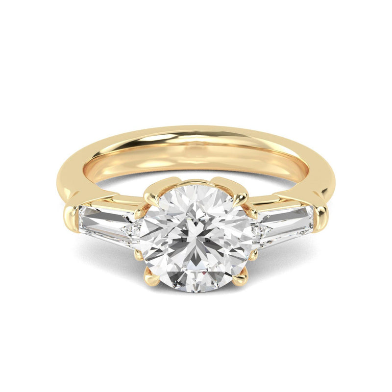 18K Solid Gold 2.53ct Round Cut with Baguette Side Stones Lab Grown Diamond Engagement Ring - Close Up | Riyanika Jewels