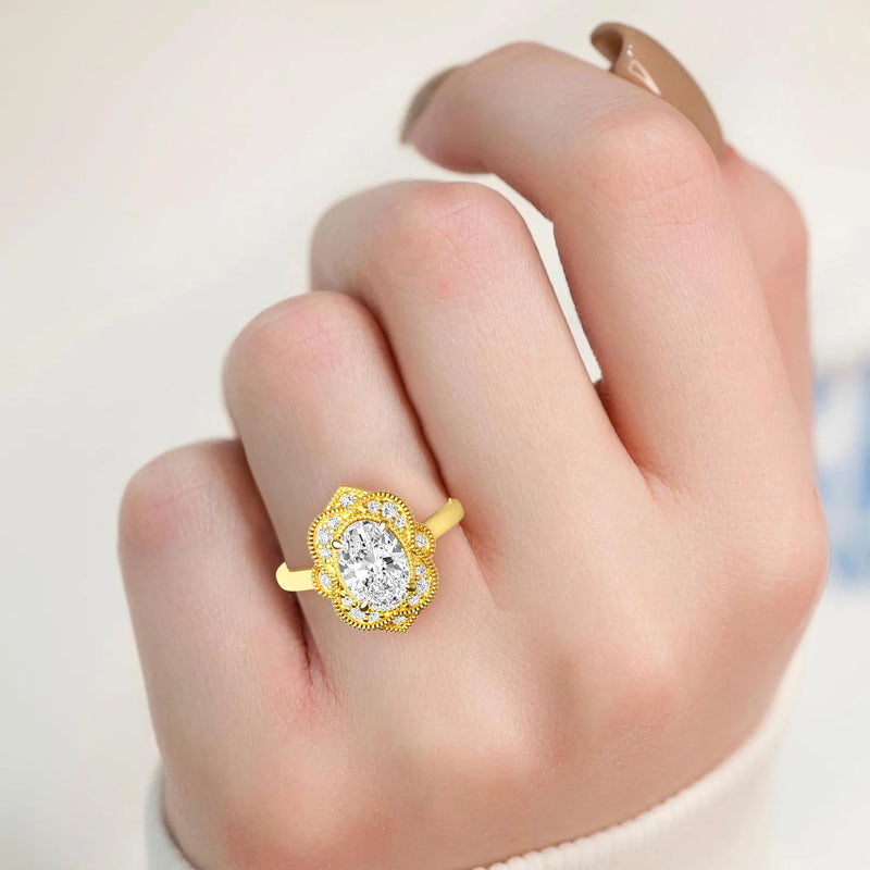 18K Solid Gold 1.25 CT Vintage Oval Halo Natural Diamond Engagement Ring | Art Deco Engagement - Close Up | Riyanika Jewels