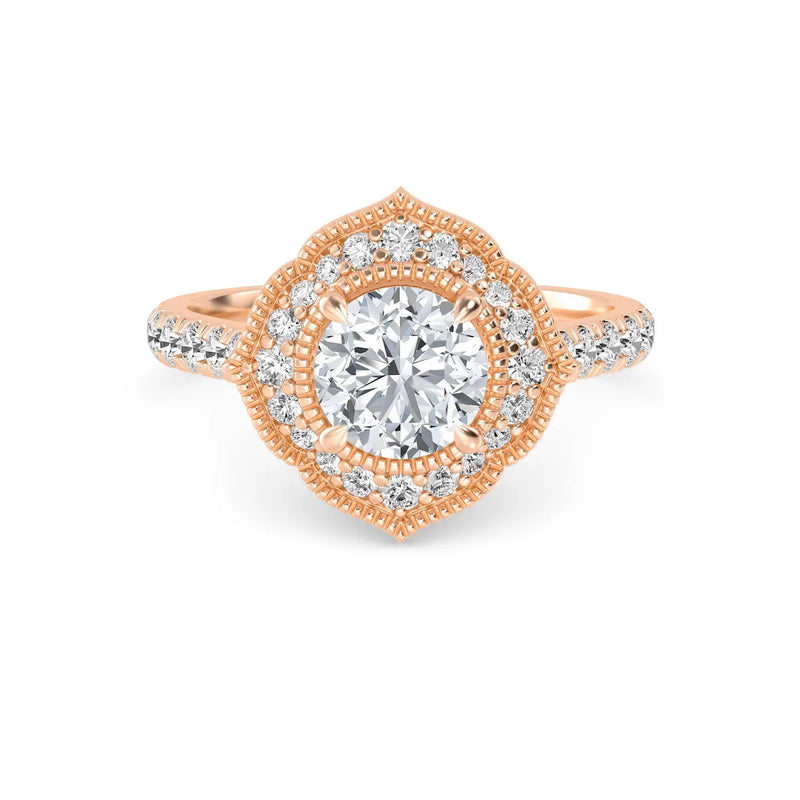 18K Solid Gold 1.50CT Vintage-Inspired Round Brilliant Cut Natural Diamond Floral Halo Engagement - Detail | Riyanika Jewels