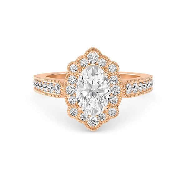 18K Solid Gold 1.45ct Vintage Floral Oval Halo Diamond Engagement Ring - Side View | Riyanika Jewels