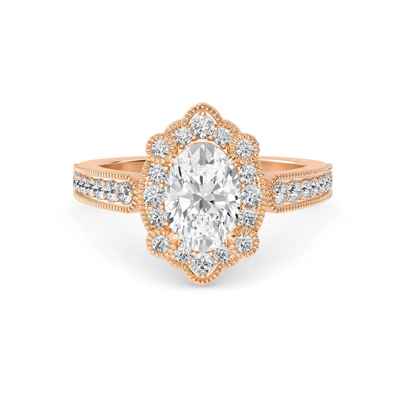 18K Solid Gold 1.45ct Vintage Floral Oval Halo Diamond Engagement Ring - Side View | Riyanika Jewels