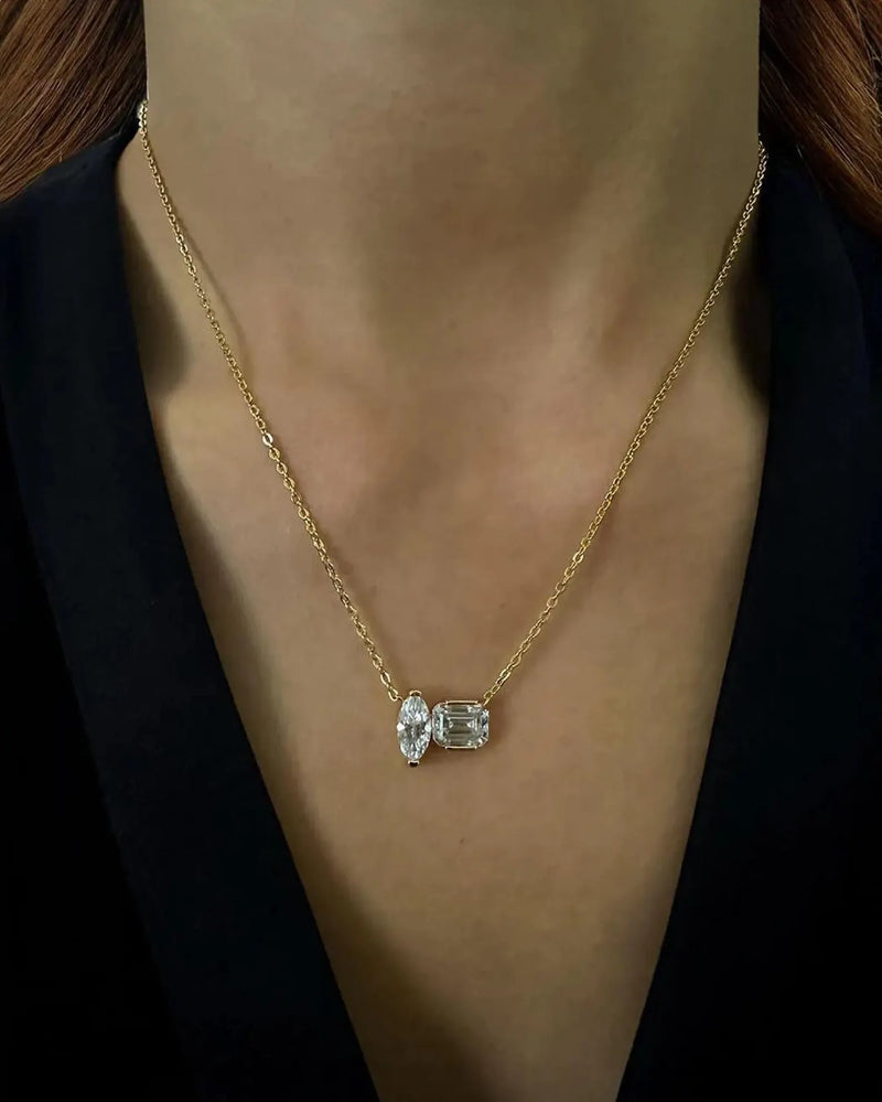 18K Solid Gold 2CT Emerald & Marquise Cut Lab Grown Diamond Necklace - Close Up | Riyanika Jewels