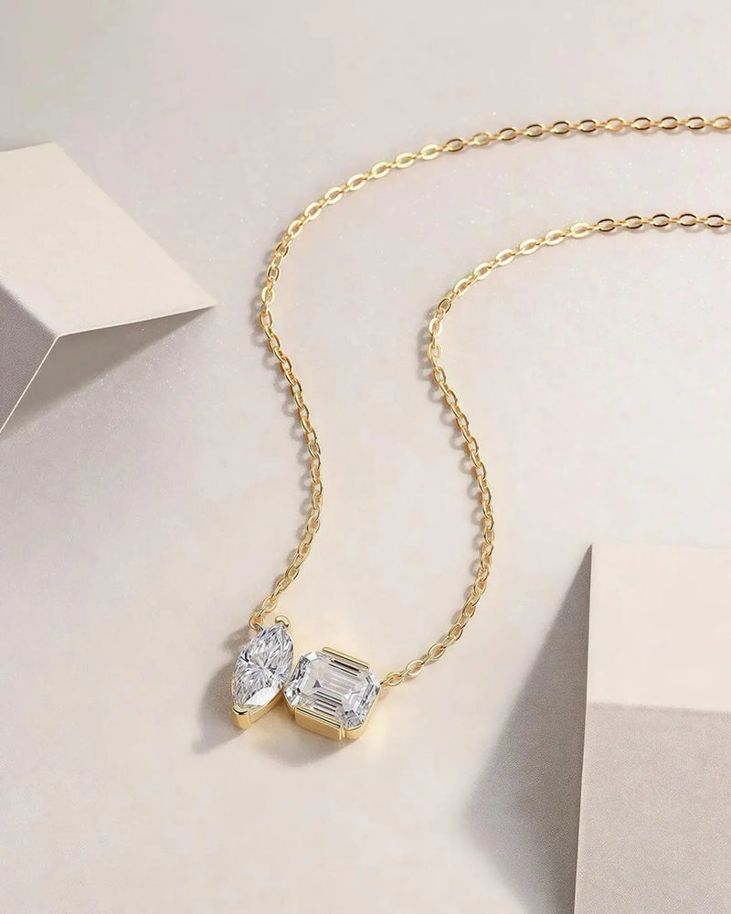 18K Solid Gold 2CT Emerald & Marquise Cut Lab Grown Diamond Necklace - Detail | Riyanika Jewels