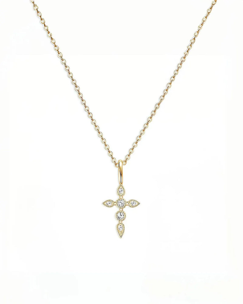 14K Solid Gold Natural Diamond Cross Pendant Necklace