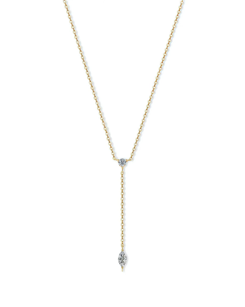 Marquise Lab Grown Diamond Y Necklace in 18K Solid Gold | Dainty Lariat Drop Chain Necklace - Side View | Riyanika Jewels