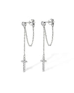 14K Solid Gold Natural Diamond Cross Dangle Earrings | Diamond Chain Drop Earrings