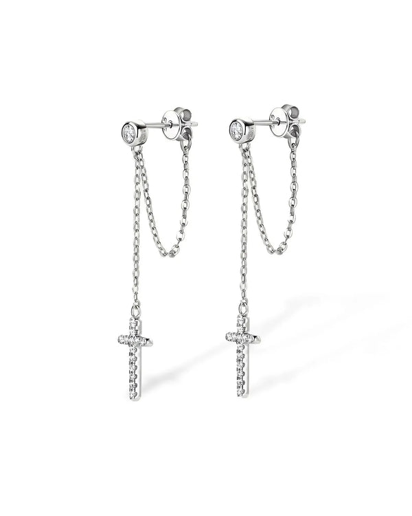 14K Solid Gold Natural Diamond Cross Dangle Earrings | Diamond Chain Drop Earrings