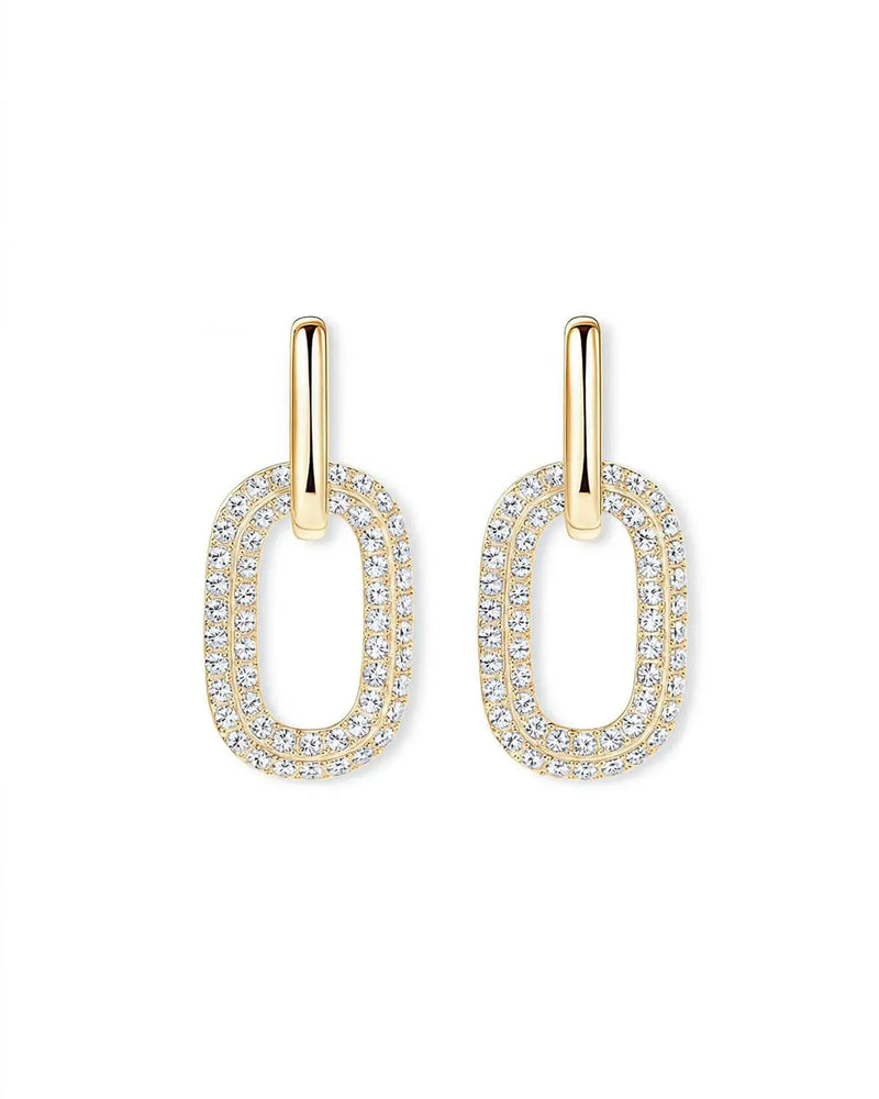 18K Solid Gold Double Oval Natural Diamond Dangle Drop Earrings | 18K Solid Gold Diamond Drop - Close Up | Riyanika Jewels