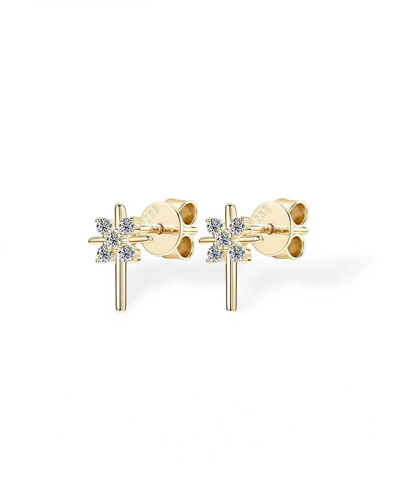 14K Solid Gold Natural Diamond Cross Stud Earrings