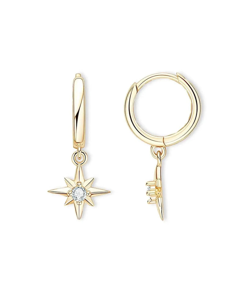 14K Solid Gold Star Natural Diamond Charm Drop Earrings | 14K Solid Gold Diamond Drop Earrings