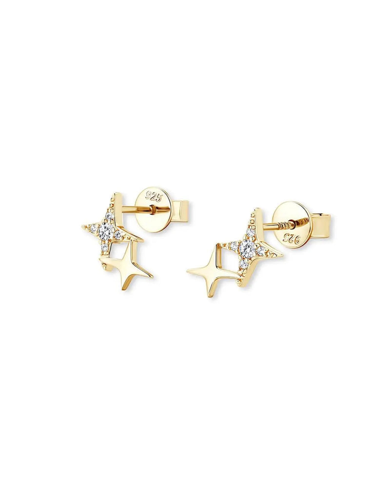 18K Solid Gold Double Star Lab Grown Diamond Stud Earrings - Close Up | Riyanika Jewels