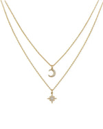 14K Solid Gold Moon and Star Double Chain Natural Diamond Pendant Necklaces