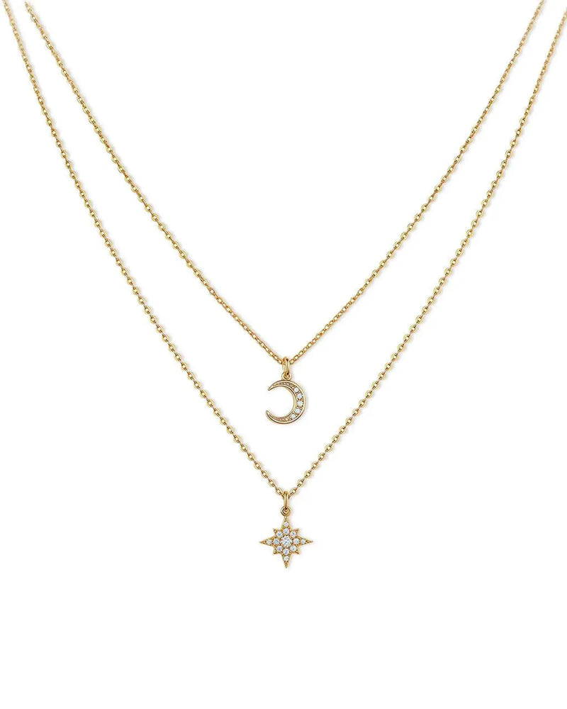 14K Solid Gold Moon and Star Double Chain Natural Diamond Pendant Necklaces