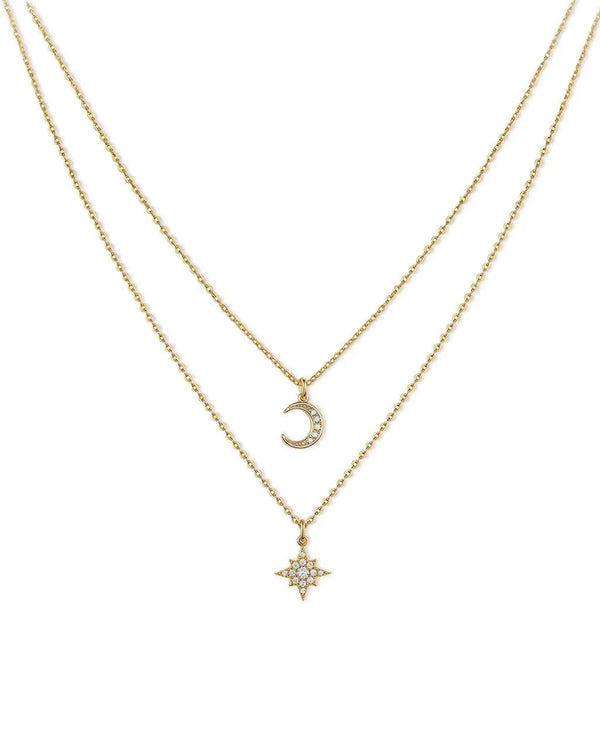 18K Solid Gold Moon and Star Double Chain Natural Diamond Pendant Necklaces