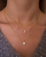 18K Solid Gold Moon and Star Double Chain Lab Grown Diamond Pendant Necklaces - Close Up
