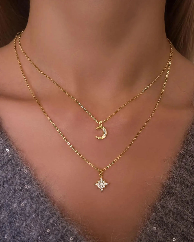14K Solid Gold Moon and Star Double Chain Natural Diamond Pendant Necklaces