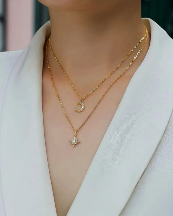 14K Solid Gold Moon and Star Double Chain Natural Diamond Pendant Necklaces