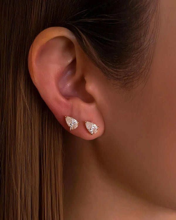 18K Solid Gold 2CT Pear Natural Diamond Stud Earrings | 18K Solid Gold Solitaire Studs - Side View | Riyanika Jewels