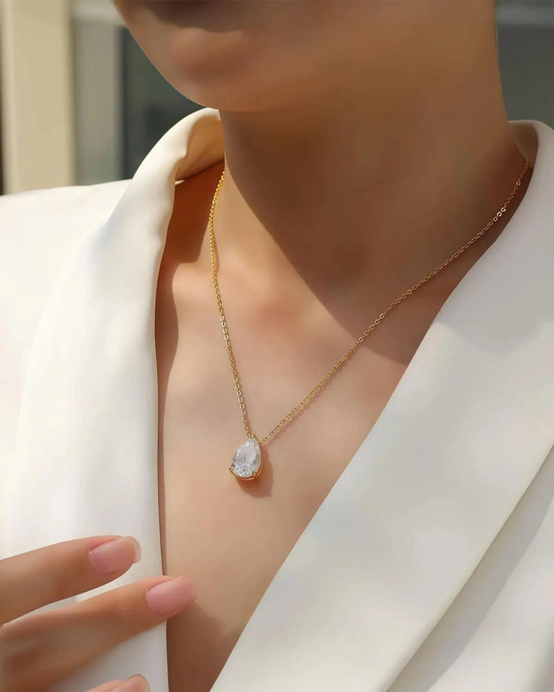 14K 3ct Natural Diamond Pear Cut Solitaire Pendant Necklace