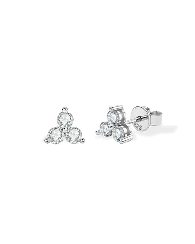 18K Solid Gold Three Stone Natural Diamond Studs