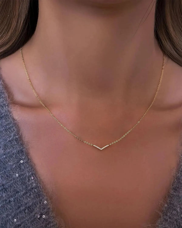 18K Solid Gold V Shaped Lab Grown Diamond Necklace | 18K Solid Gold Minimal Layered Pendant - Side View | Riyanika Jewels
