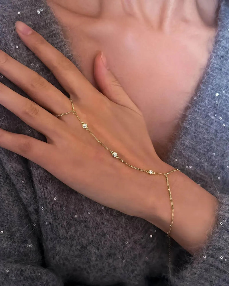 18K Solid Gold 0.3ct Lab Grown Diamond Hand Chain Bracelet | Unique Ring Linked Bracelet | - Close Up | Riyanika Jewels