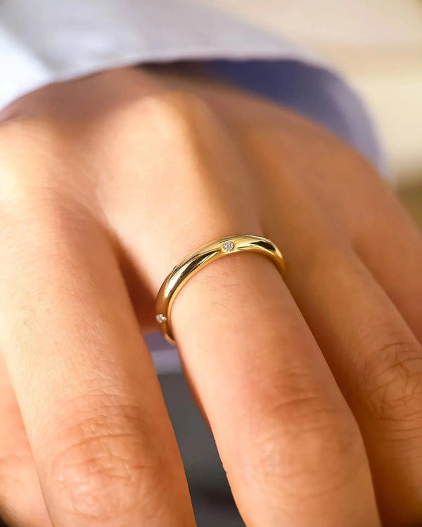 18K Solid Gold Lab Grown Diamond Dainty Band Ring | 18K Gold Stackable Petite Ring - Side View | Riyanika Jewels